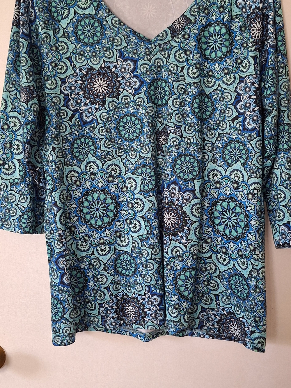 Blue Patterned Women’s V-Neck Top